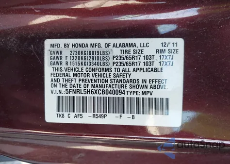 2012 Honda Odyssey Ex-L z USA, uszkodzony, nr VIN 5FNRL5H6XCB040094